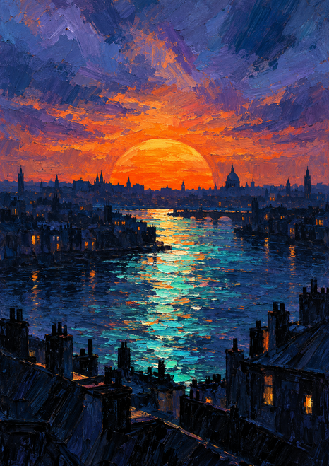 An orange sun sets behind a dark city skyline as a teal river reflection runs toward the foreground.