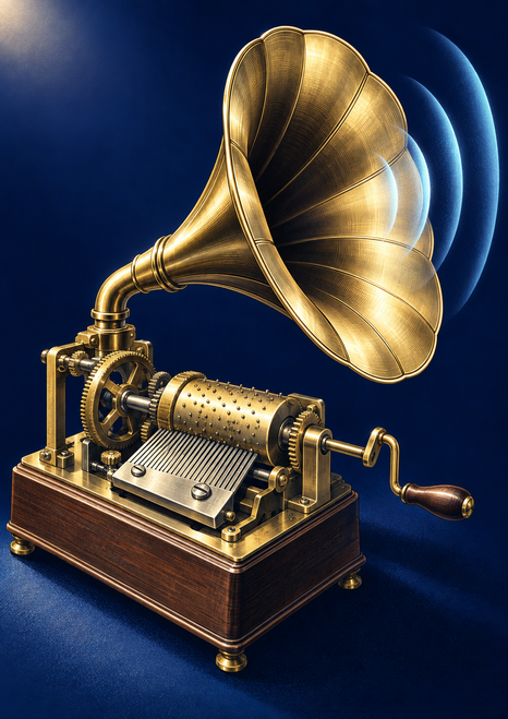 Brass acoustic music machine with a large flared horn, visible gears, pinned cylinder, and hand crank on a dark wooden base against indigo.