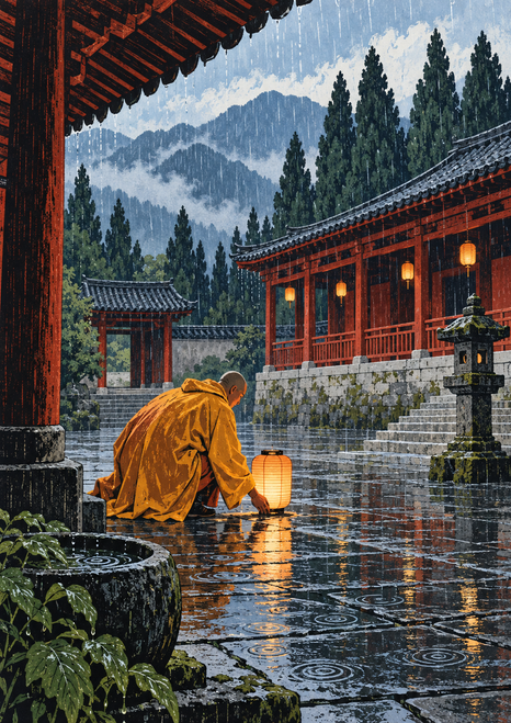 Crouching robed figure with a glowing lantern in a rain-wet courtyard framed by red timber buildings, stone steps and cypress trees.