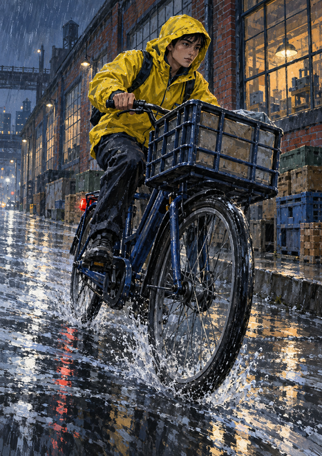 Cyclist in a bright yellow rain jacket riding a dark bicycle with a front basket through a rainy lane beside brick workshop windows.