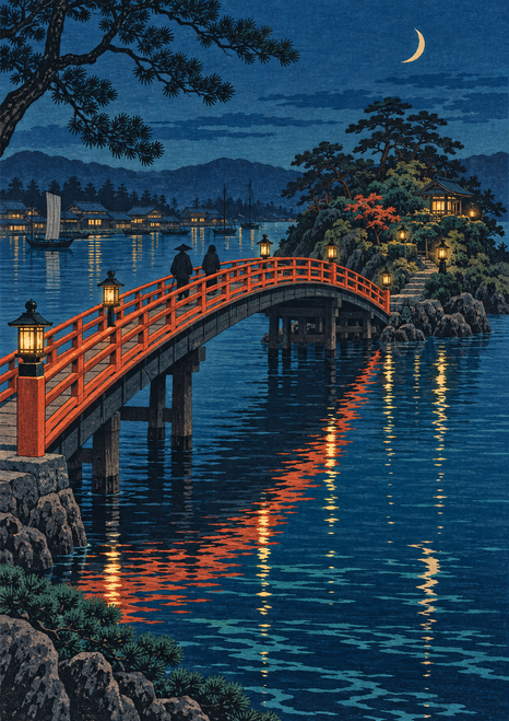 Vermilion arched footbridge crossing an indigo harbor toward a lantern-lit rocky garden, with two walkers, pines, a crescent moon and reflections.