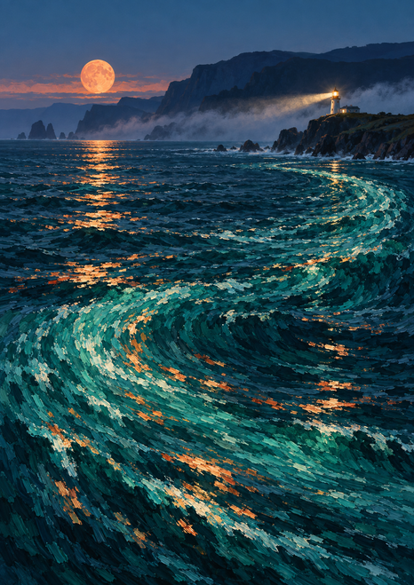 A small illuminated lighthouse on a dark headland above a curling turquoise sea, balanced by an apricot moon and copper reflections.