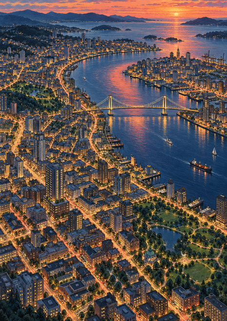 High oblique view of a dense coastal city at sunset, centered on a curved harbor crossed by an illuminated suspension bridge.