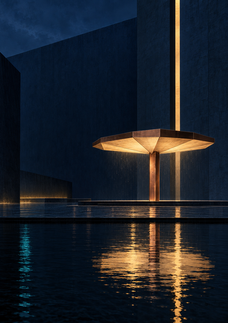 Glowing polygonal pavilion on a slender copper-colored column beside a dark reflecting pool, with an amber light strip behind it.