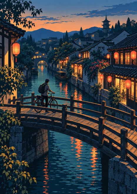 A cyclist on a curved bridge above a reflective canal lined with glowing lanterns and old-town tiled roofs at dusk.