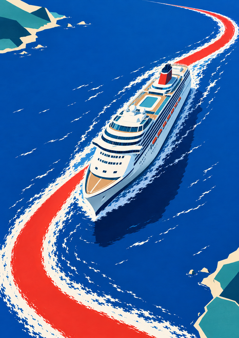 A white passenger ship crosses cobalt water, leaving a broad curved red wake bordered with white foam and framed by geometric coastal shapes.