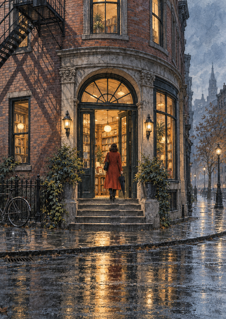 Visitor in a rust-colored coat pauses at a warmly lit rounded bookshop entrance as rain-darkened pavement reflects the doorway.