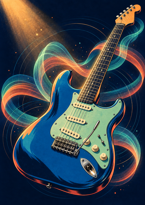 Blue electric guitar surrounded by looping colored ribbons beneath an amber spotlight on a dark background; the body is cropped at the bottom.