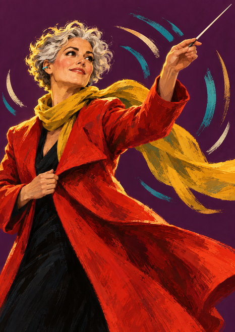 Silver-haired woman in a flowing red coat and mustard scarf conducting with a raised baton against a plum background with curved teal and cream marks.