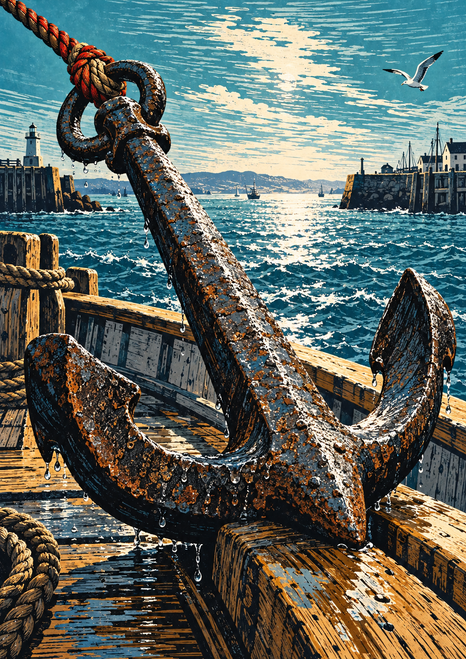 Wet iron anchor with a thick rope lying across a wooden boat, with a bright harbor, lighthouse, and distant gull behind it.