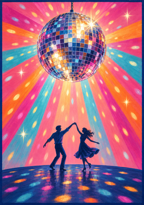Two adult silhouettes dance on a reflective floor beneath a mirrored disco ball and colorful rays, within a dark-blue border.