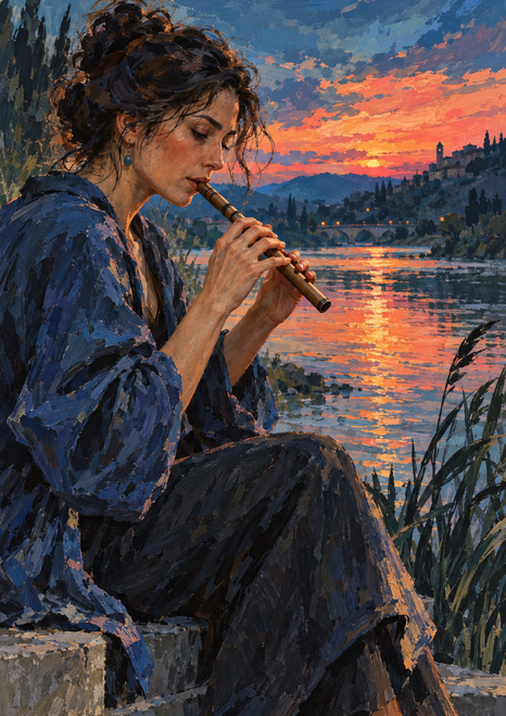 Woman in a dark jacket plays a flute beside a river, with reeds, distant buildings, and a vivid sunset reflected in the water.
