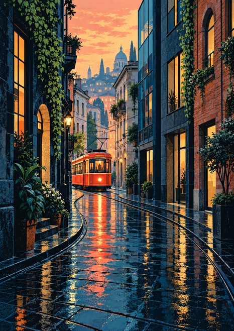 Red-orange tram on reflective tracks in a narrow city street, framed by tall buildings, plants, lit windows, and a peach sky.