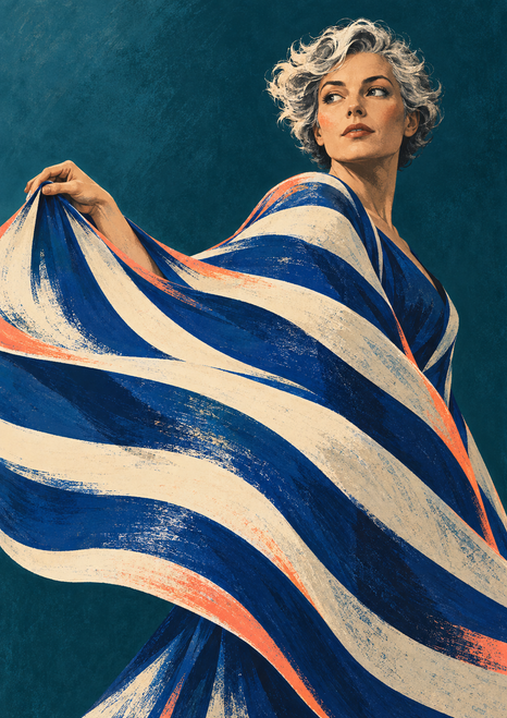 A short-haired woman lifts a sweeping cobalt-and-ivory striped cape against a deep teal background.