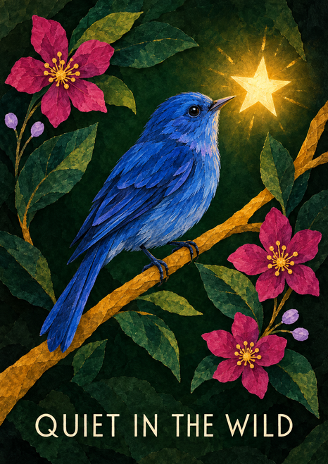 Blue songbird perched on a golden branch facing a glowing five-point star, surrounded by flowers and foliage, with “QUIET IN THE WILD” below.
