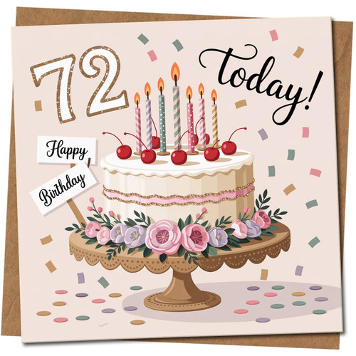 72 Today Birthday Card, Floral Cake & Candles, Happy 72nd Birthday, Square 145mm x 145mm, Includes Kraft Envelope