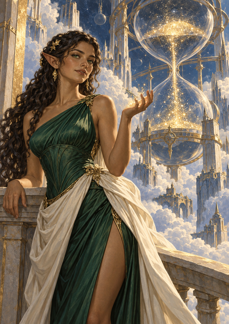 Pointed-eared woman in a green and cream gown beside a suspended gold hourglass, with ornate towers and clouds behind her.