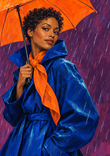 Woman with short dark curls holding an orange umbrella, wearing a cobalt raincoat and orange scarf in the rain.
