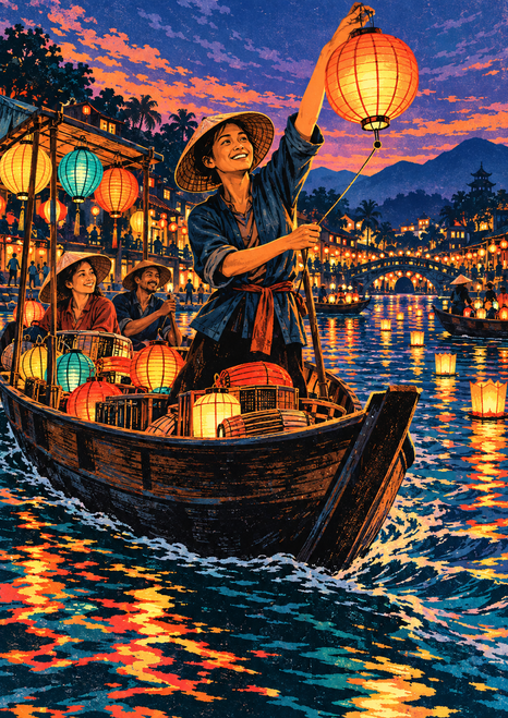 Standing lantern maker in a broad-brimmed hat raising a glowing orange lantern aboard a boat with two seated companions.