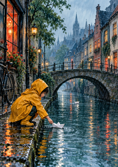 A child in a saffron-yellow raincoat places a folded paper boat on a rainy canal; another boat floats toward a stone bridge beneath glowing windows.