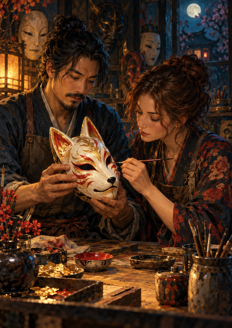 Two adults collaborate on a white fox mask with red accents in a studio filled with other masks, brushes, and paint bowls.