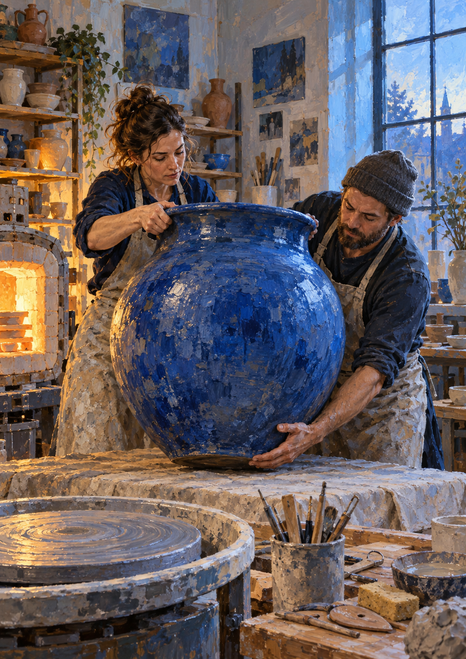 Two adult pottery artists steady a large blue vessel in a busy studio lit by a glowing kiln and a tall window.