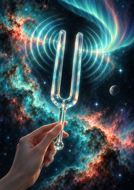 A hand holds a transparent tuning fork amid glowing concentric rings, an aurora-like sweep, stars, and a small moon against a nebula.