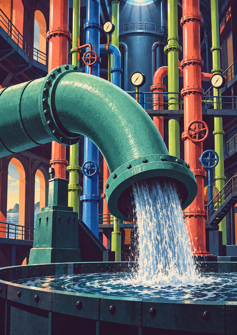 A large sea-green pipe pours water into a circular steel basin, surrounded by colorful pipes, gauges, and industrial structures.