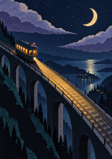 Warmly lit vintage tram crossing an arched bridge at night beneath a crescent moon and layered clouds, with distant water and lights.
