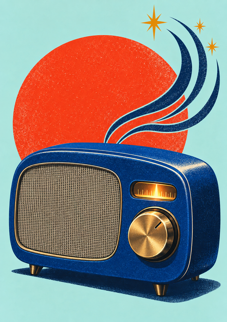 Cobalt-blue tabletop radio with brass-colored dial and amber display beneath blue sound ribbons and gold starbursts, with a vermilion disc on pale aqua.