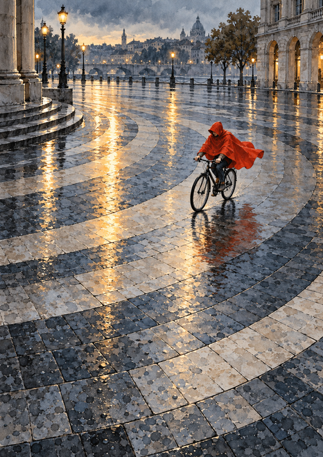 Vermilion-caped cyclist riding across a rain-soaked stone plaza with curved paving bands, amber reflections and a distant arched bridge.