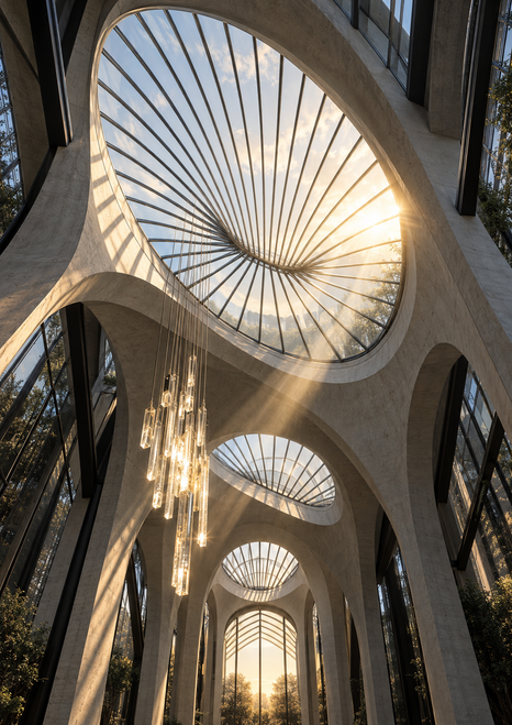 Upward view through a contemporary atrium with a large ribbed oval skylight, smaller roof openings, and suspended glass forms in a shaft of sunlight.