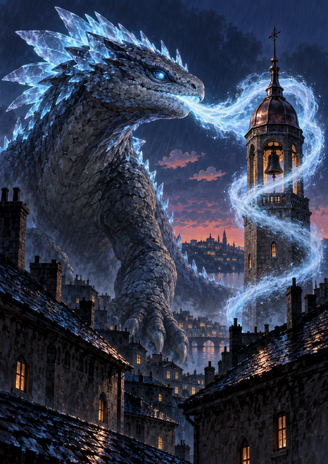 Dark, crystal-finned salamander-like creature exhales a glowing blue-white stream around a copper-toned bell tower above city rooftops.
