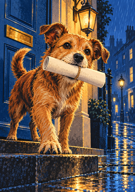 Shaggy tawny dog holding a rolled blank parcel at a blue doorway, with a brass mail slot, glowing porch lantern, wet steps, and reflective street.