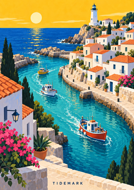 Three boats in a turquoise harbor channel below a white lighthouse and terracotta-roofed coastal village, with TIDEMARK printed at the bottom.