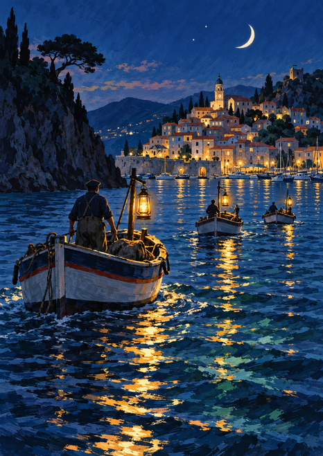 Large lantern-lit fishing boat with a standing operator in the foreground, smaller boats approaching a hillside town beneath a crescent moon and stars.