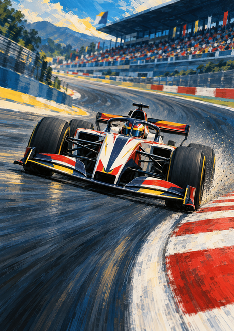 White, red, and yellow open-wheel race car driving toward the viewer on a blue-gray track, with a grandstand behind it.
