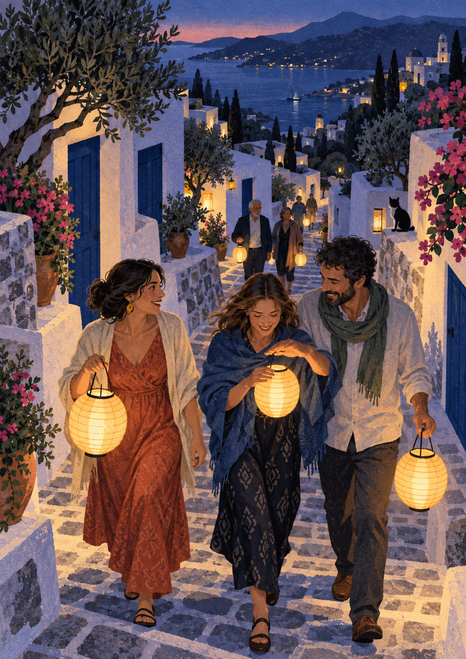 Three adults carry glowing paper lanterns along a winding stone-paved lane through a hillside village overlooking a bay at dusk.