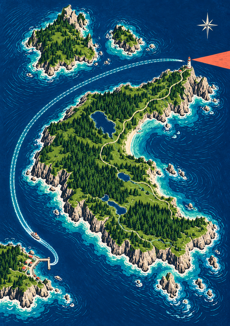 Illustrated green island chain in deep blue sea, with a dotted turquoise route from a lower-left harbor toward a lighthouse and a compass star.