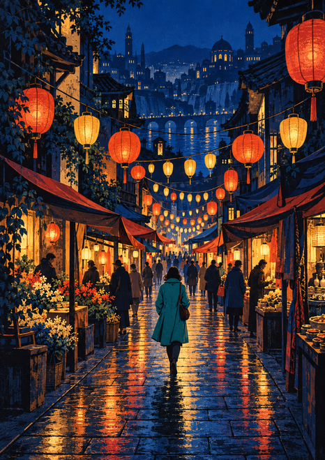 Teal-coated adult walking away beneath rows of glowing lanterns on a busy night-market street.