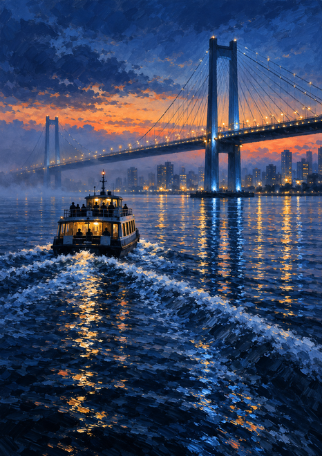 Passenger ferry crossing a dark river toward an illuminated suspension bridge at dusk, with blue and gold reflections.