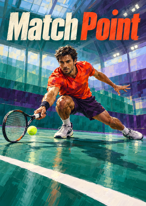 Tennis player in an orange-red shirt lunges low toward a yellow ball on a teal indoor court beneath the headline Match Point.