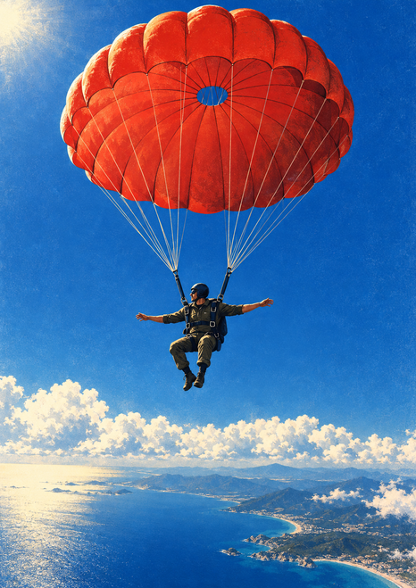 Adult skydiver suspended beneath a large red round parachute, with clouds and a distant coastline below.