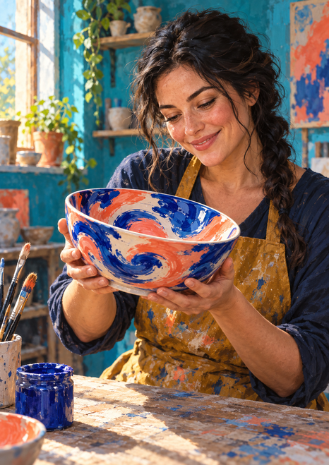A smiling woman in an ochre apron presents a large blue-and-coral bowl in a turquoise ceramics studio.
