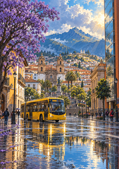 Yellow bus on a reflective street beneath a central staircase and terraced mountain-city buildings, framed by purple blossoms and a tower.