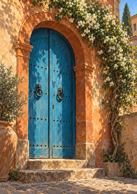 Weathered blue double doors with iron studs and ring handles beneath a terracotta arch, framed by white flowering vines and stone steps.