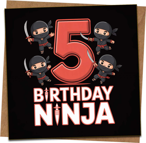 5th Birthday Card for Boys – Ninja Theme 145mm x 145mm Square Greeting with Kraft Envelope, Cute Ninja Design, Age 5 Son Grandson Kids