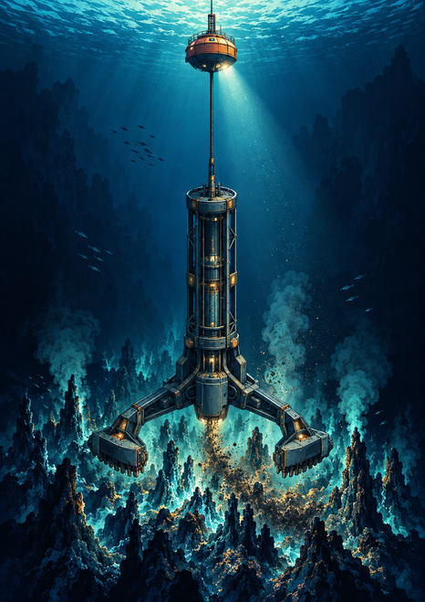 Underwater machine with surface buoy, long cable, central lift cage, and broad lower collector hovering over a glowing vent field among small fish.