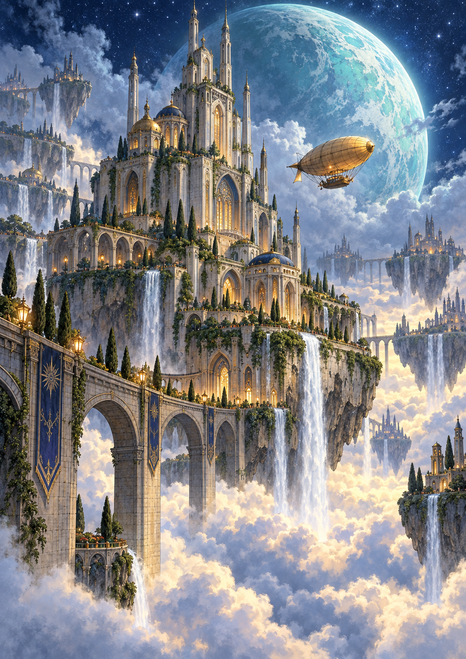 An ornate fantasy city of suspended towers and arches rises above a glowing cloud sea beneath a large turquoise planet, with a small airship nearby.