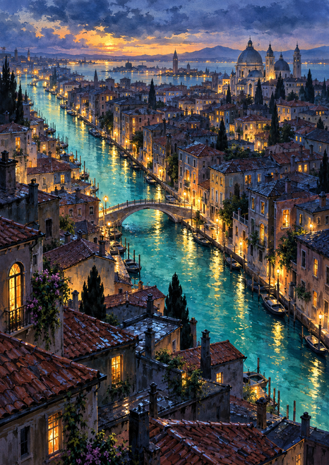 Elevated view down a turquoise canal through a dense city of terracotta rooftops, lit windows, an arched bridge, and distant hills at sunset.